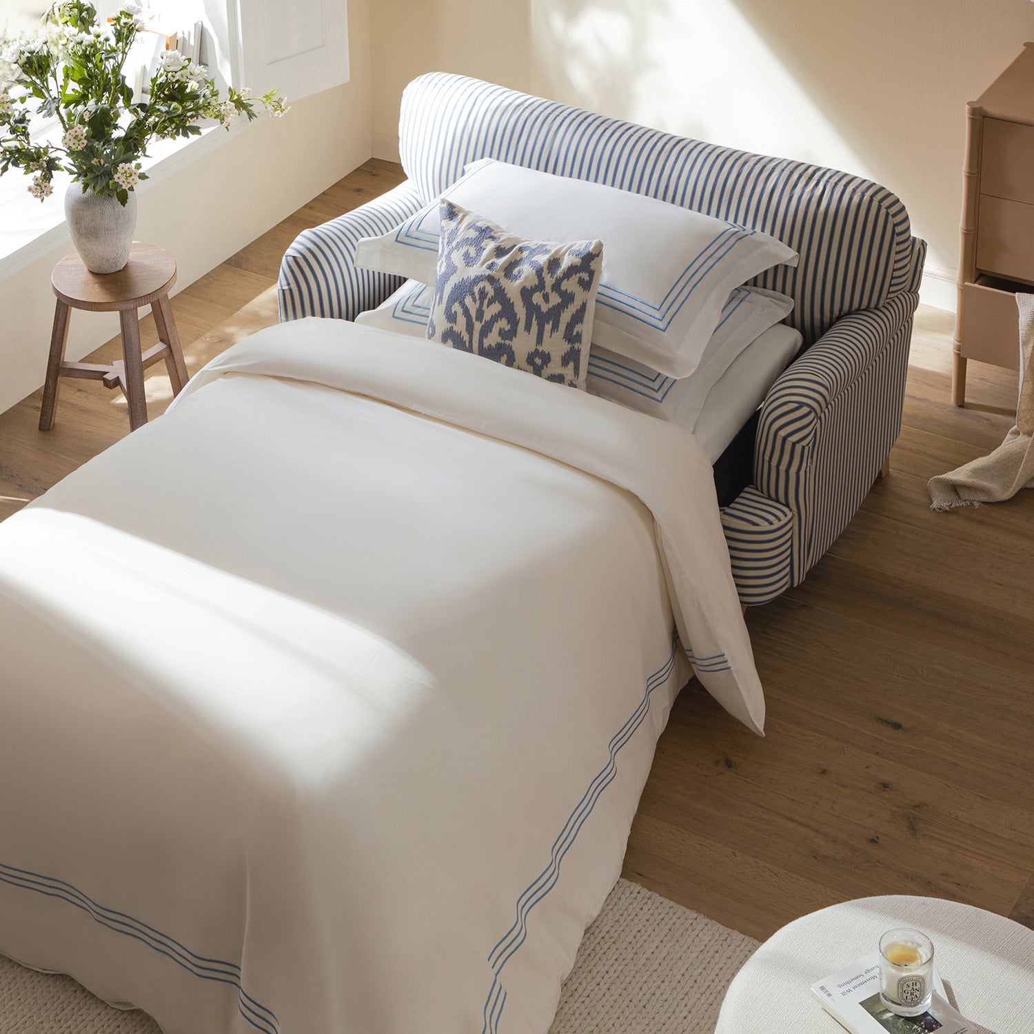 Daphnis Blue Striped Linen Blend Fabric Sofa Bed, Loveseat