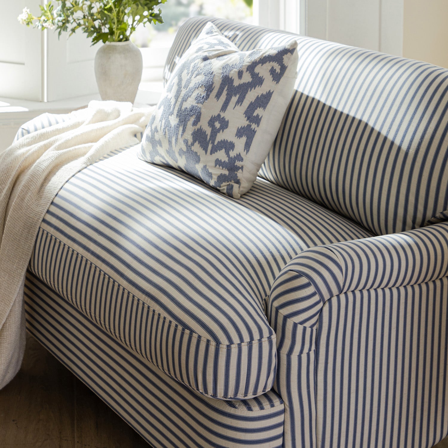 Daphnis Blue Striped Linen Blend Fabric Sofa Bed, Loveseat