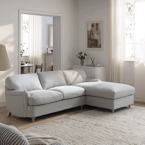 Daphnis Blue Striped Linen Blend Sofa Bed, Grande Chaise Right Hand Facing