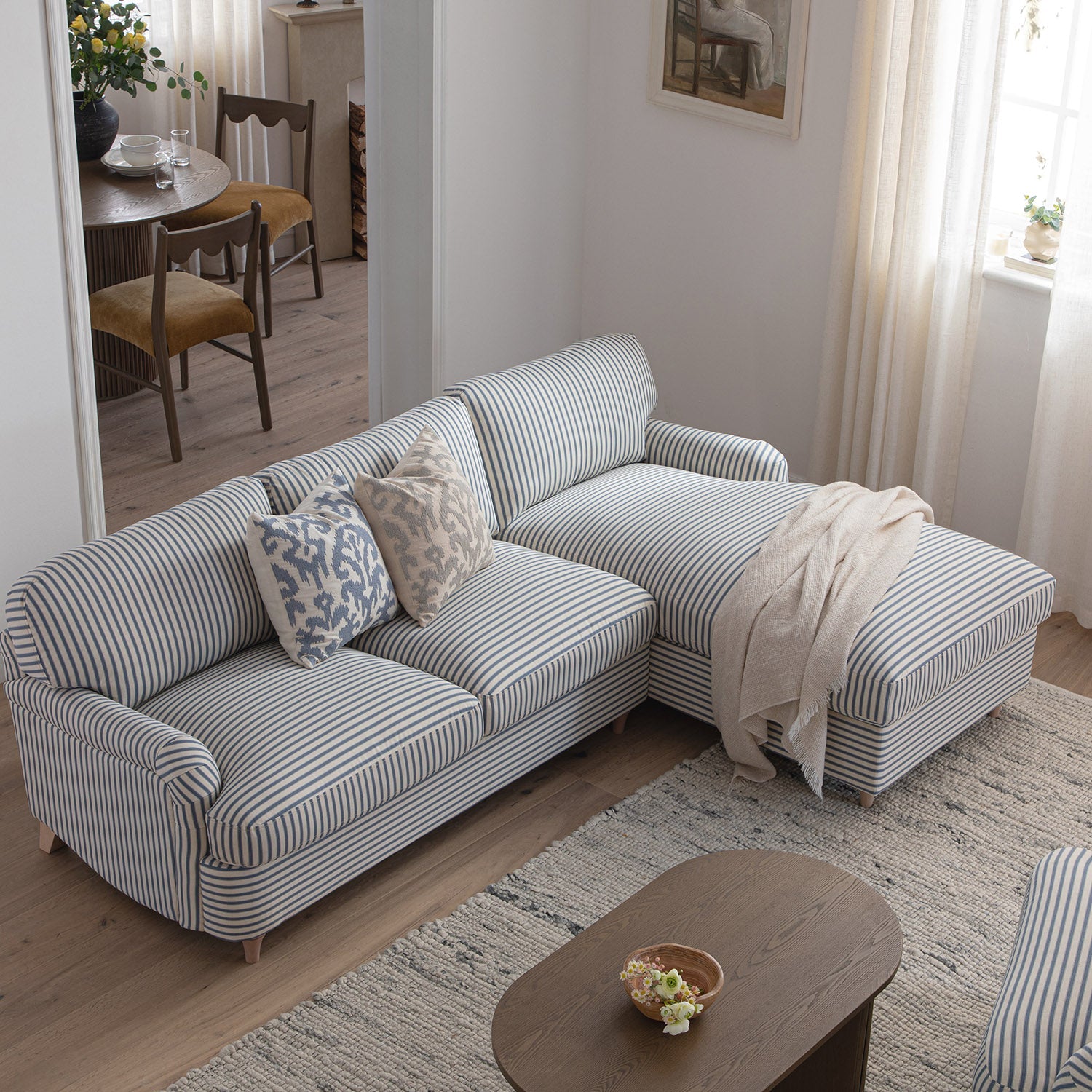 Daphnis Blue Striped Linen Blend Sofa Bed, Grande Chaise Right Hand Facing