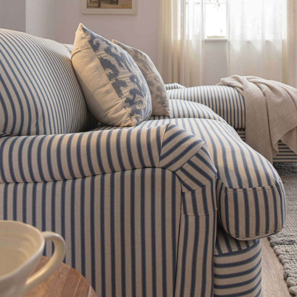 Daphnis Blue Striped Linen Blend Sofa Bed, Grande Chaise Right Hand Facing