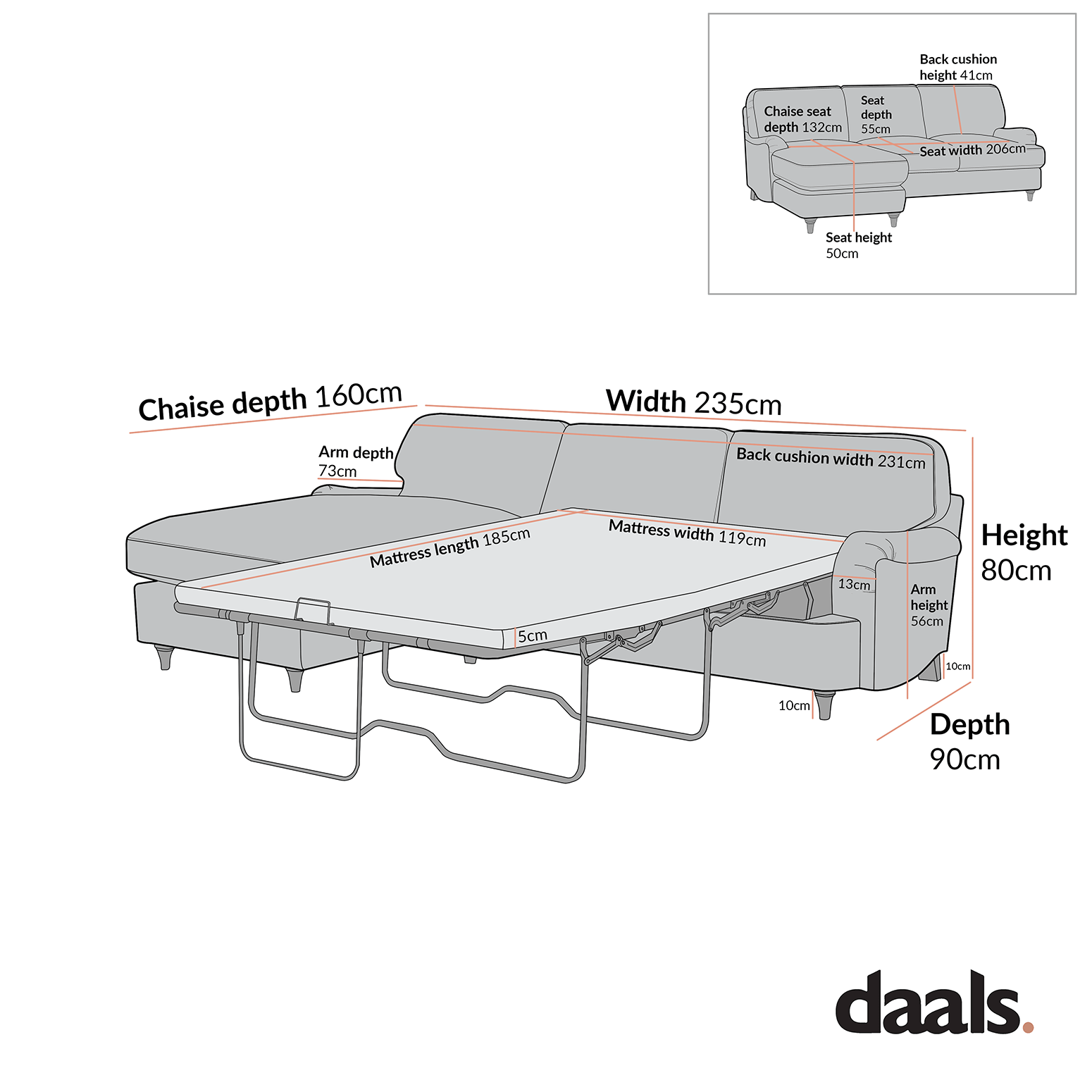 Daphnis Ochre Striped Linen Blend Sofa Bed, Grande Chaise Left Hand Facing