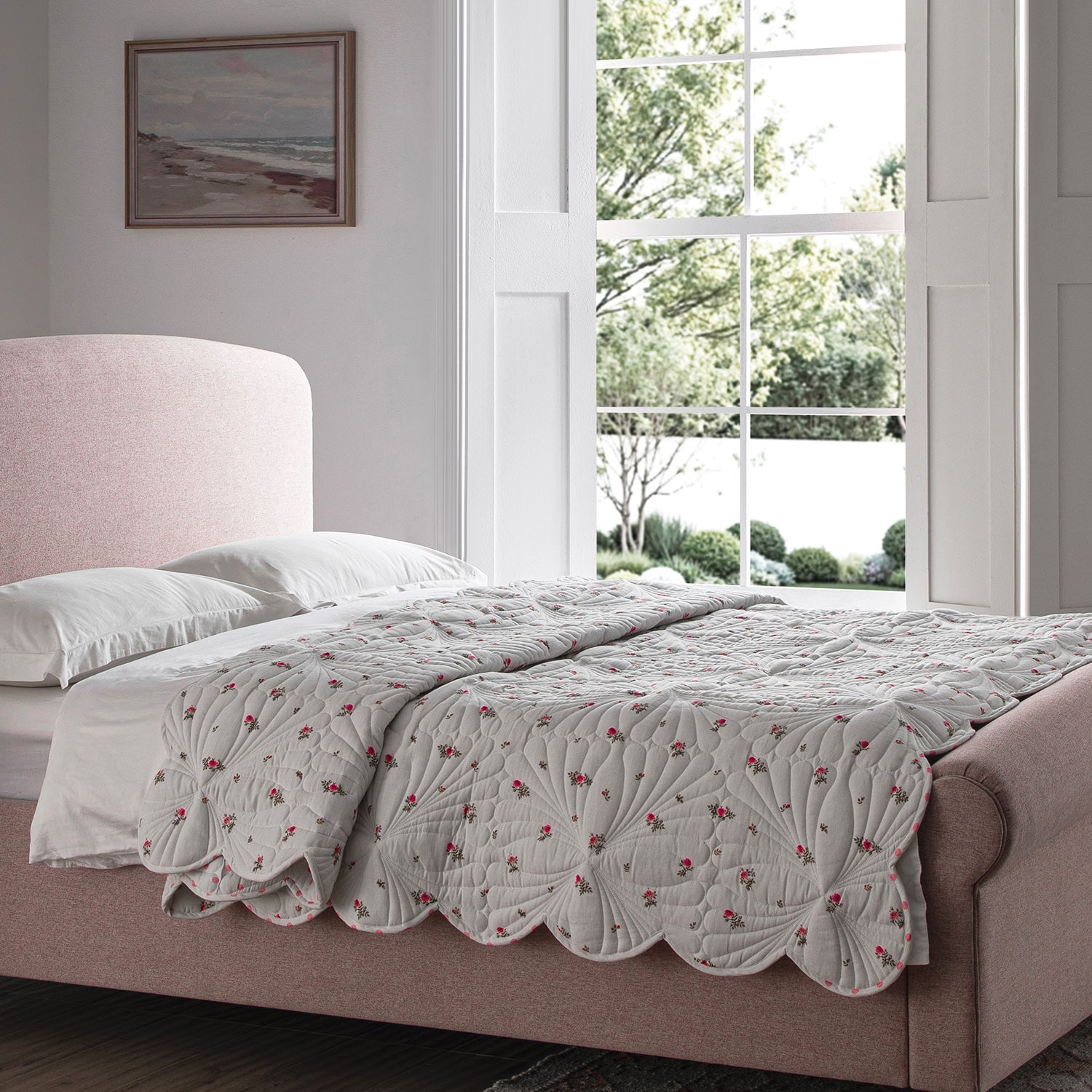 Darcy Rose Ivory White Scallop Quilted Linen Blend Bedspread