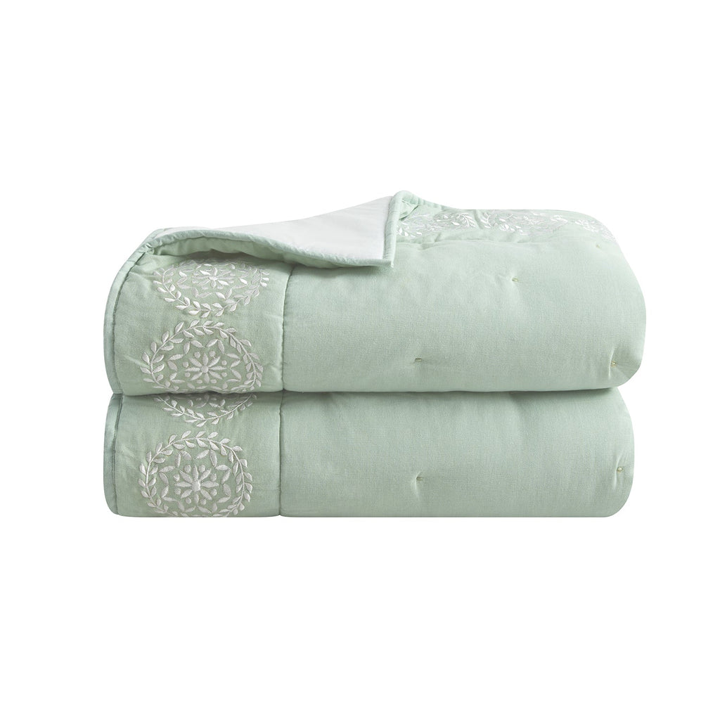 Elodie Seafoam Green Floral Embroidered Quilted Linen Blend Bedspread