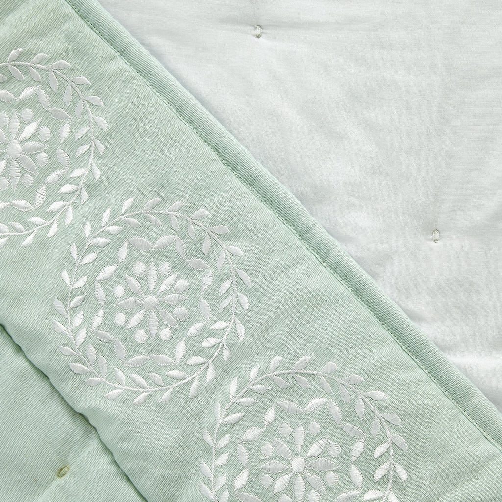 Elodie Seafoam Green Floral Embroidered Quilted Linen Blend Bedspread
