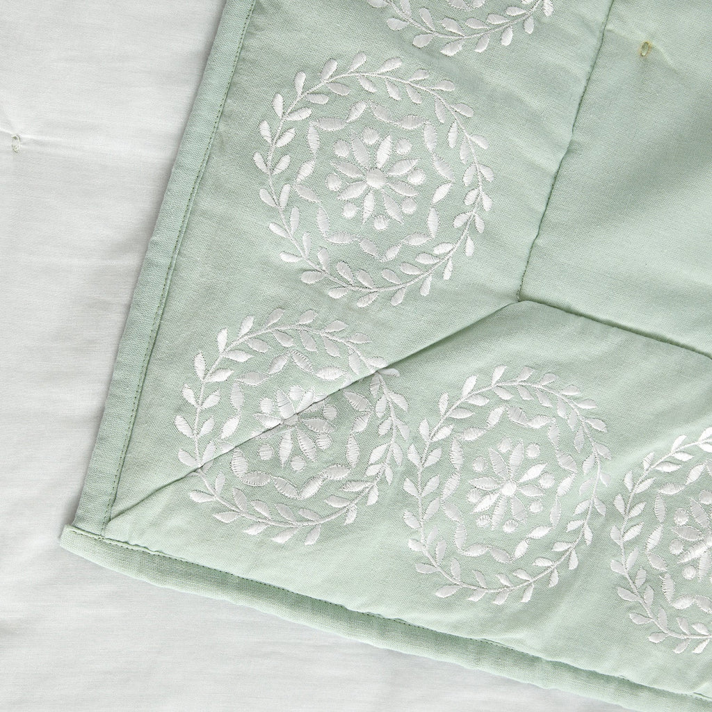 Elodie Seafoam Green Floral Embroidered Quilted Linen Blend Bedspread
