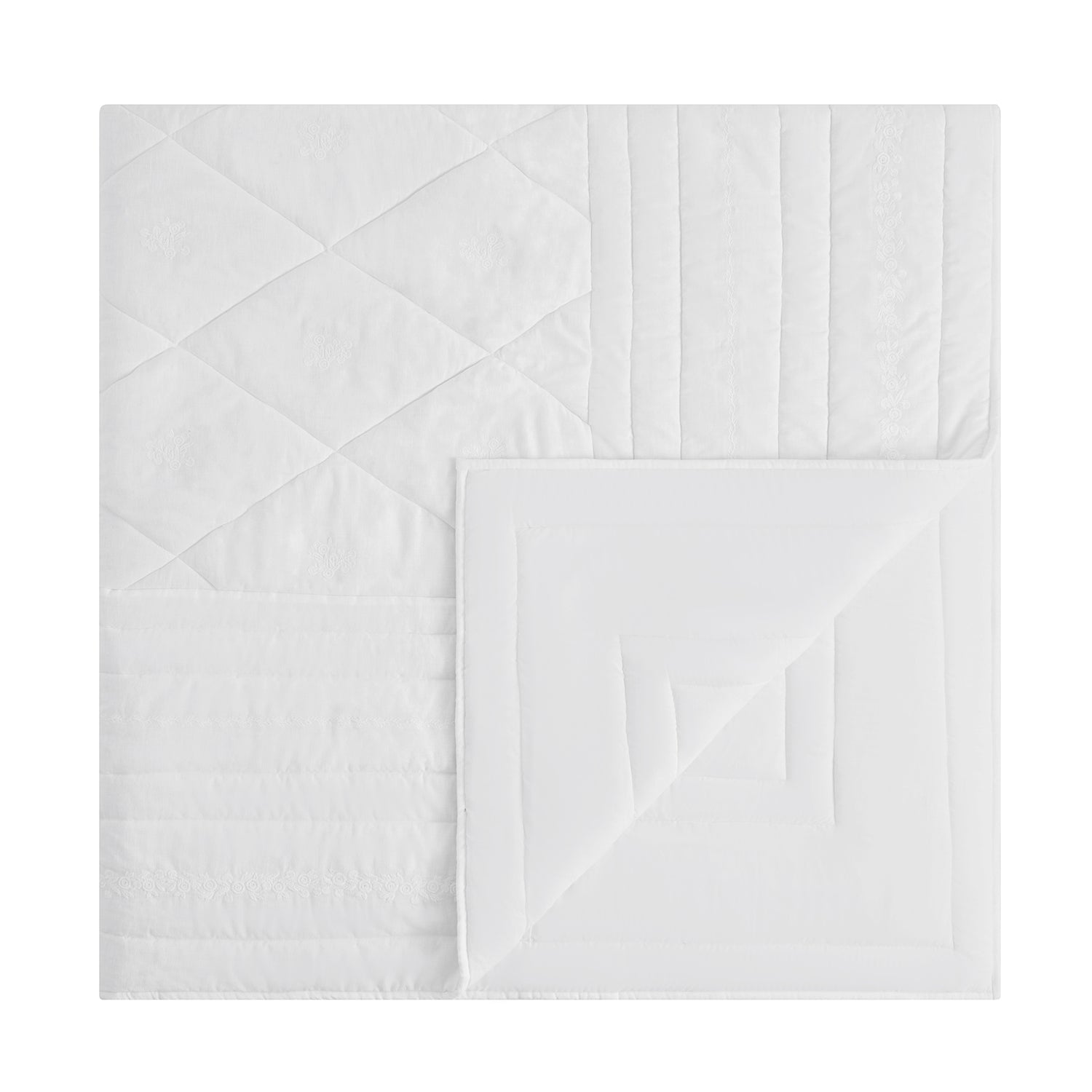 Esmeralda White Floral Embroidered Quilted Linen Blend Bedspread