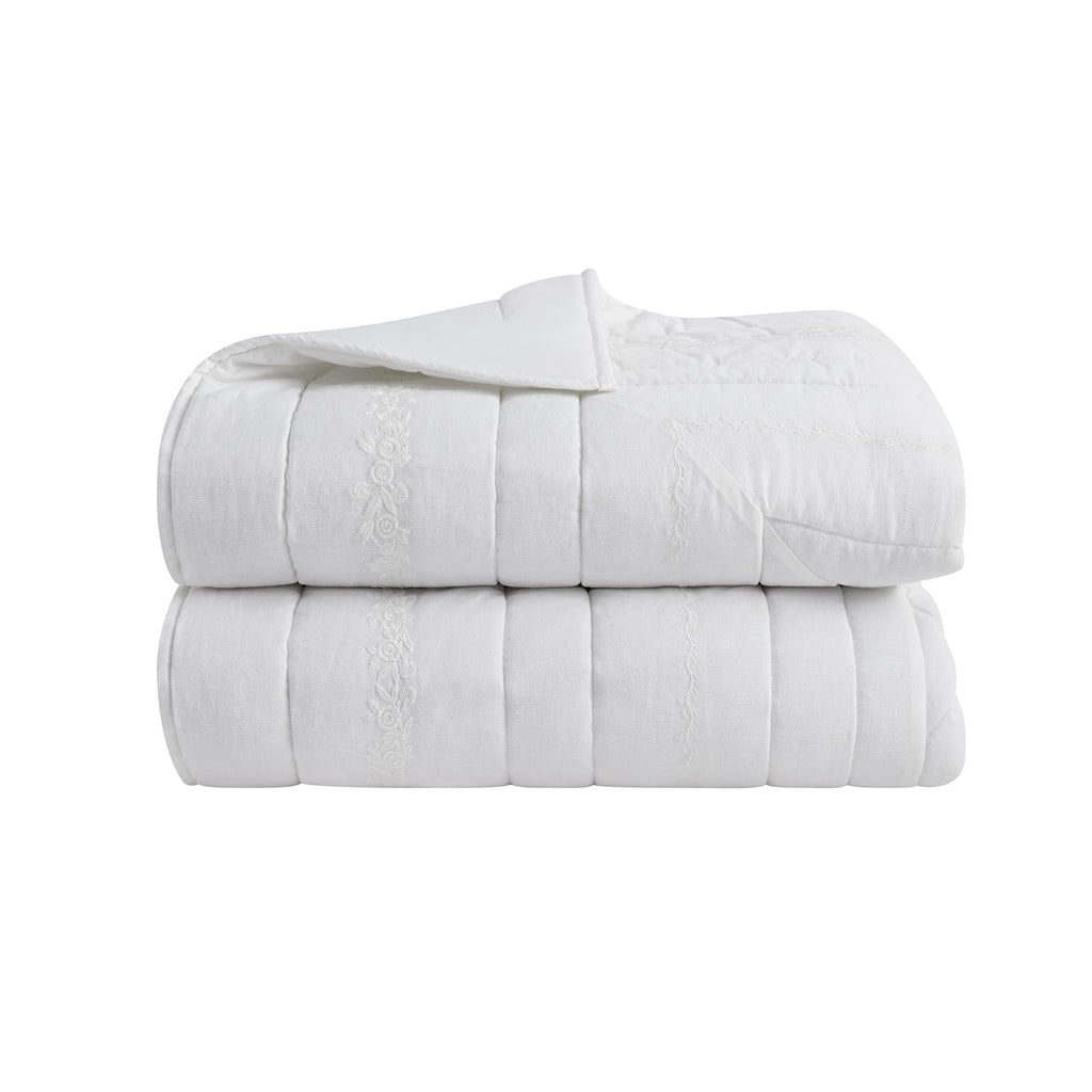 Esmeralda White Floral Embroidered Quilted Linen Blend Bedspread