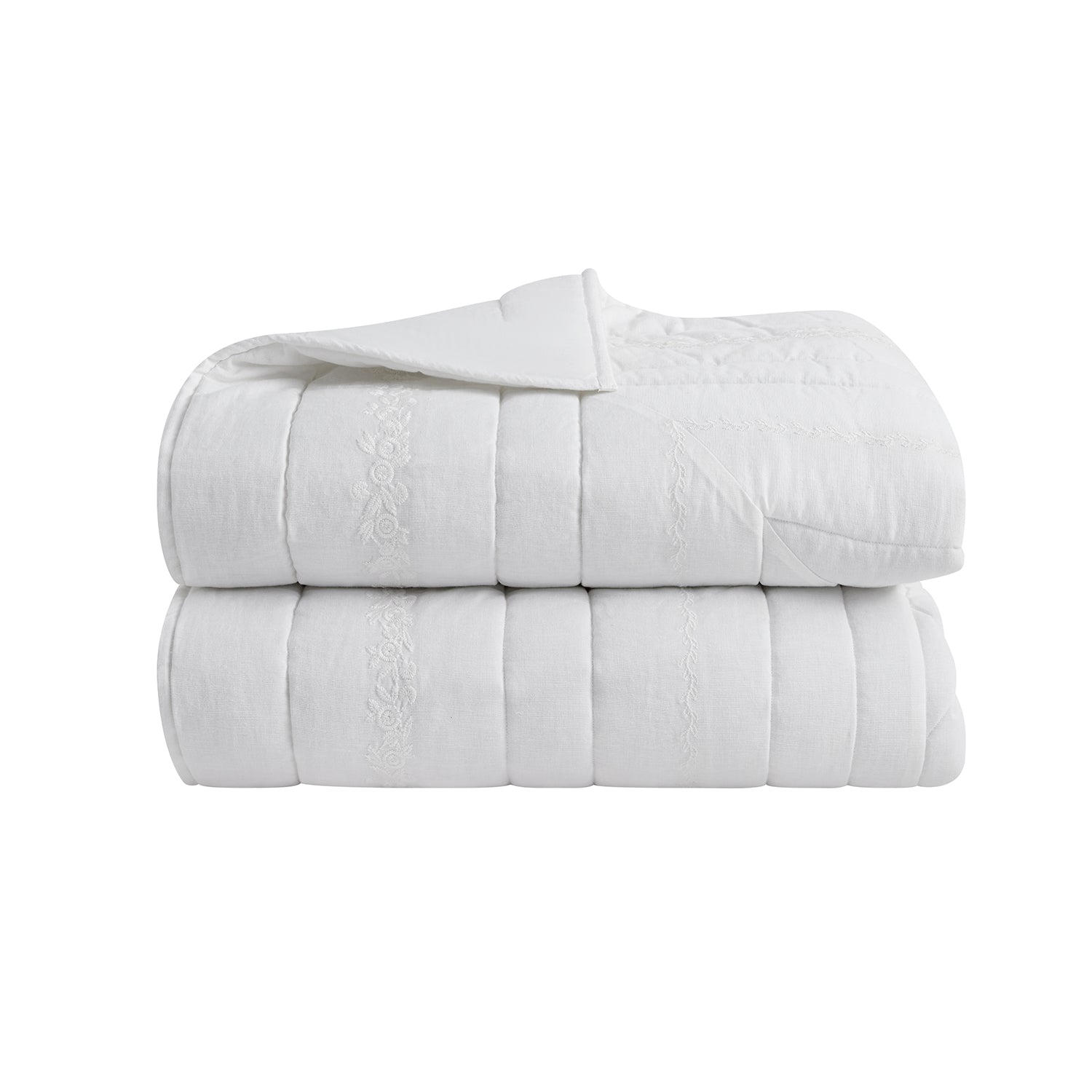 Esmeralda White Floral Embroidered Quilted Linen Blend Bedspread