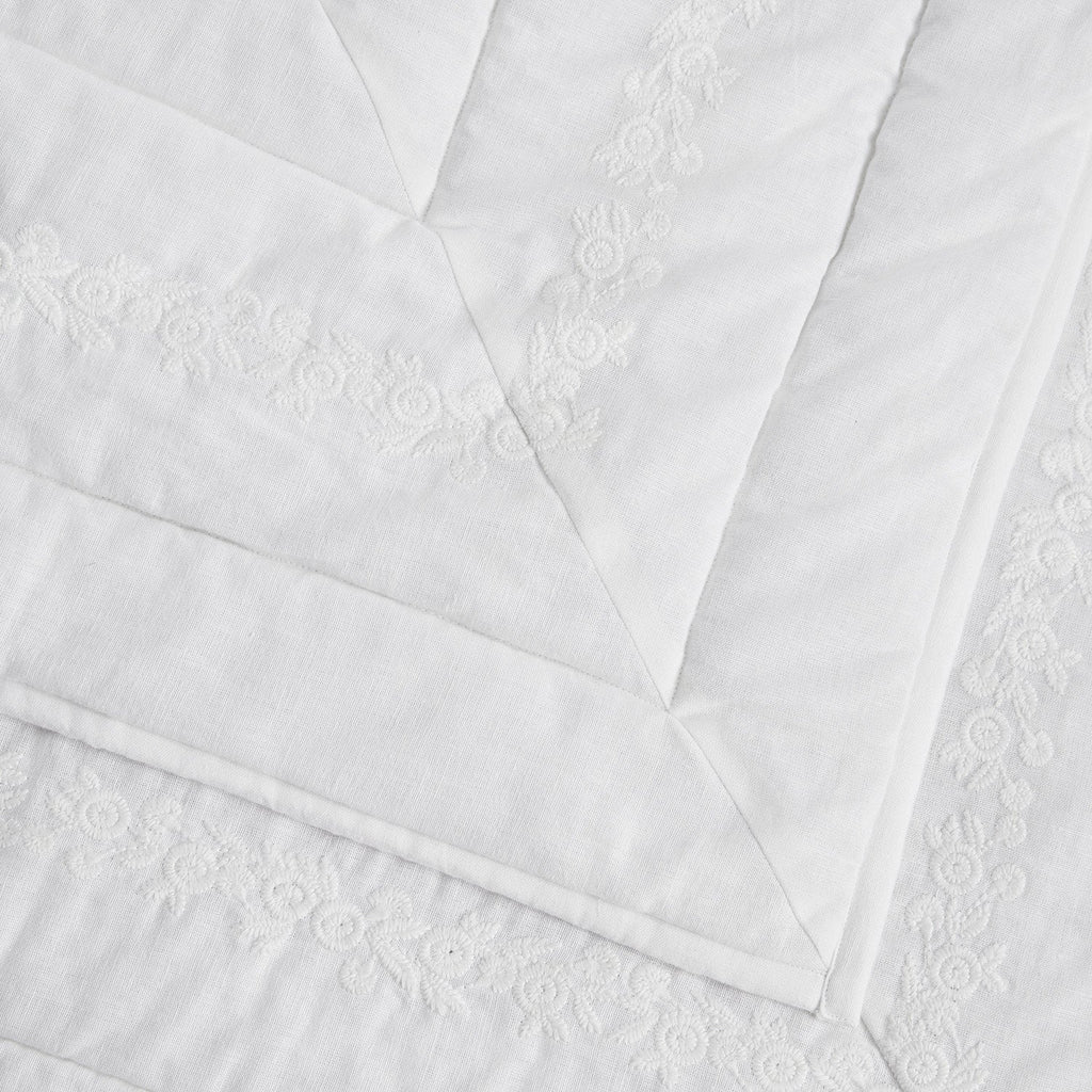 Esmeralda White Floral Embroidered Quilted Linen Blend Bedspread