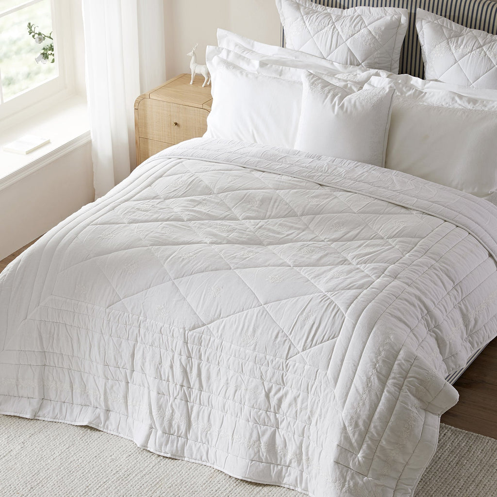 Esmeralda White Floral Embroidered Quilted Linen Blend Bedspread