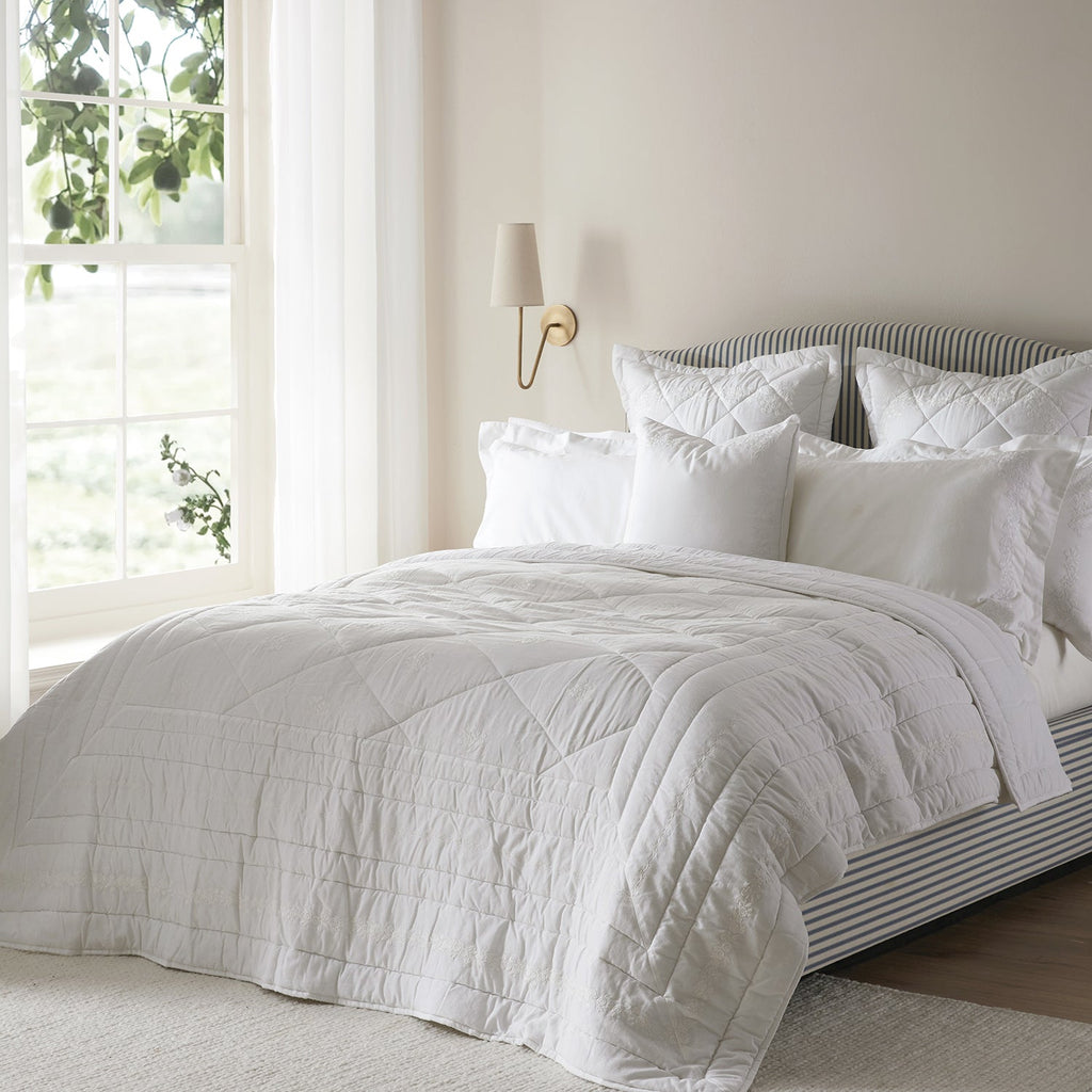 Esmeralda White Floral Embroidered Quilted Linen Blend Bedspread