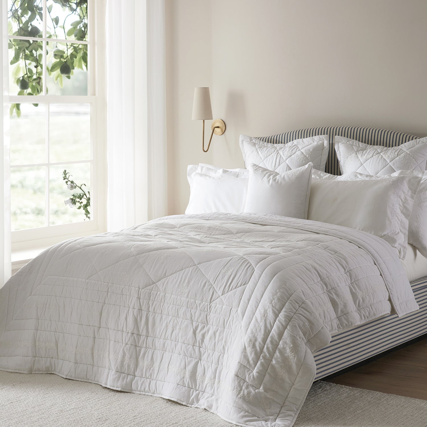 Esmeralda White Floral Embroidered Quilted Linen Blend Bedspread