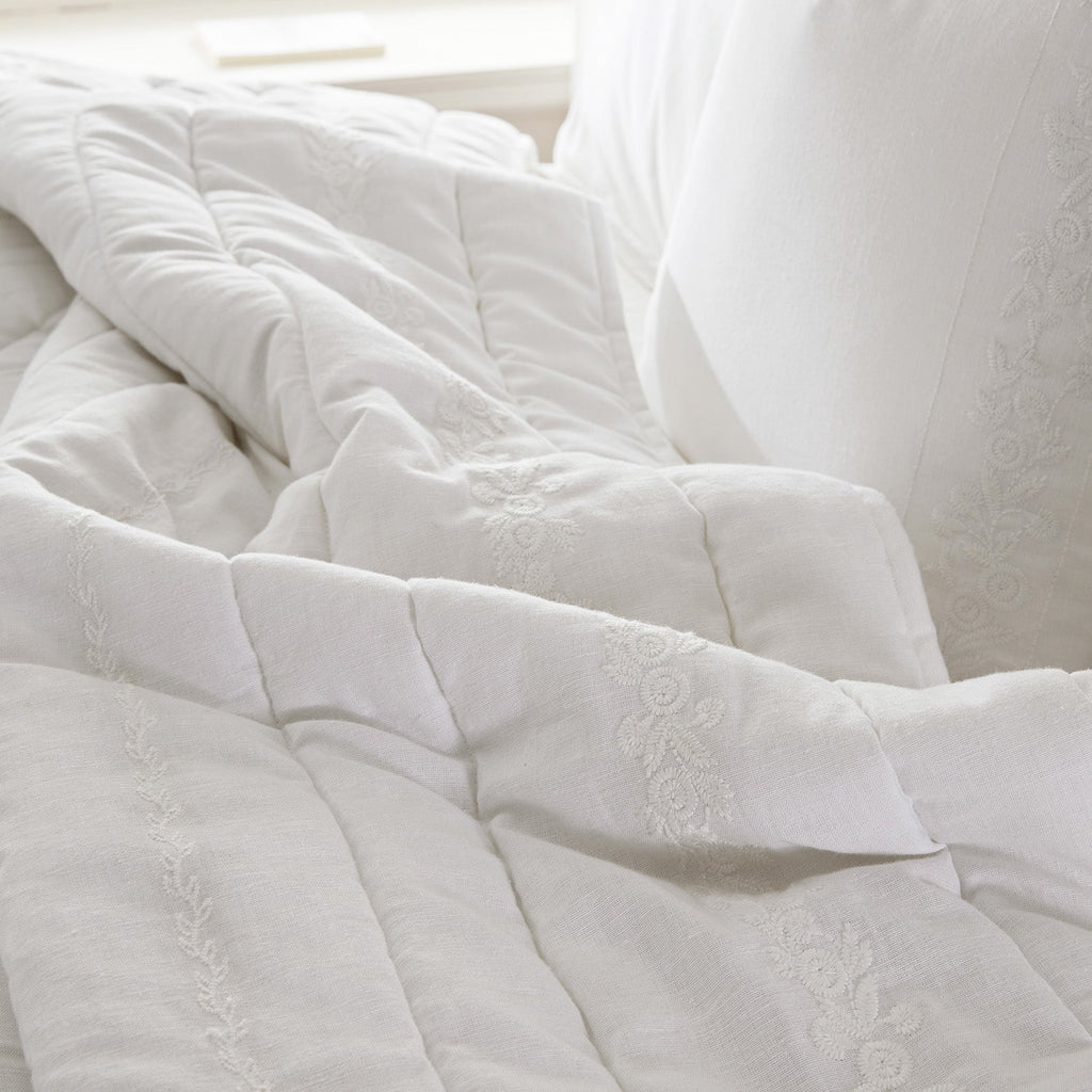 Esmeralda White Floral Embroidered Quilted Linen Blend Bedspread