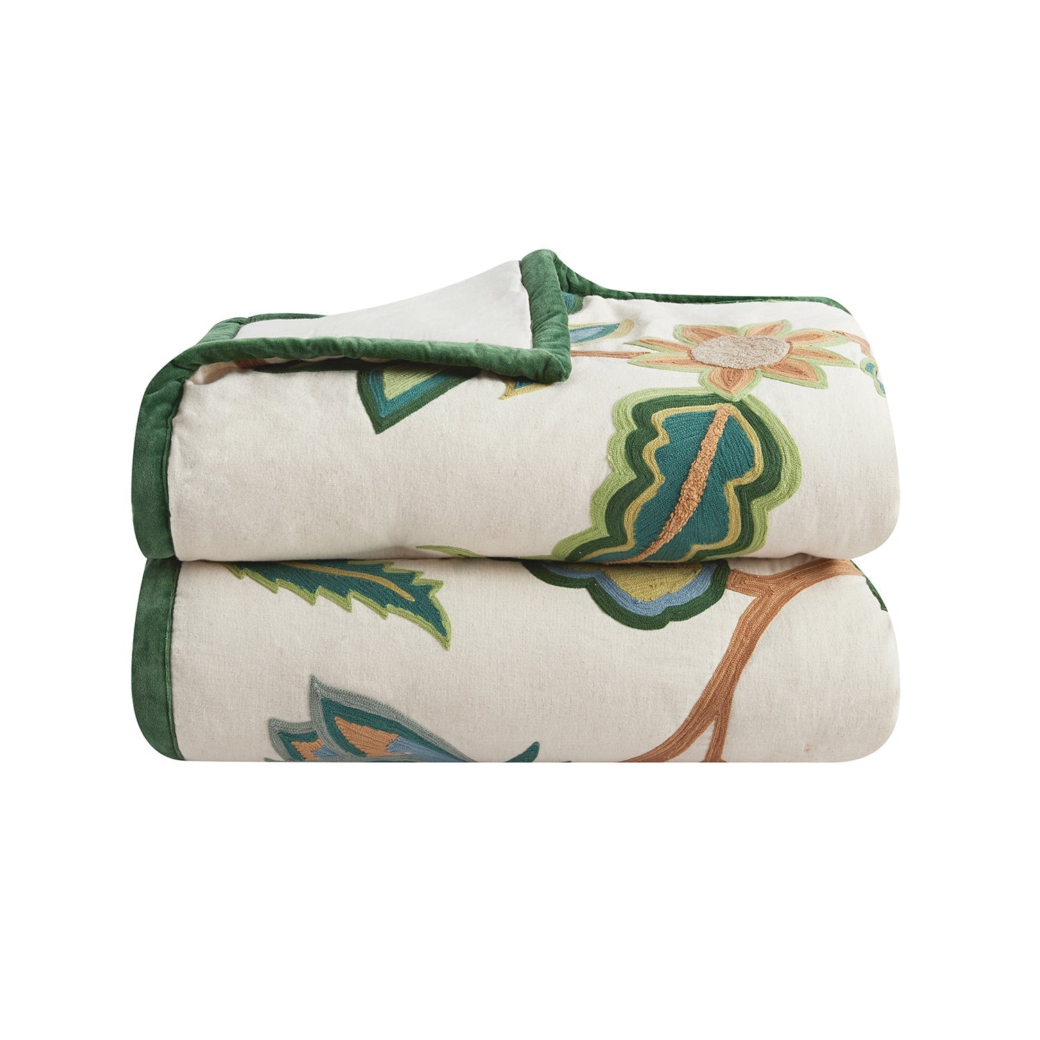 Flora & Fauna Jacobean Floral Embroidered Quilted Cotton Bedspread