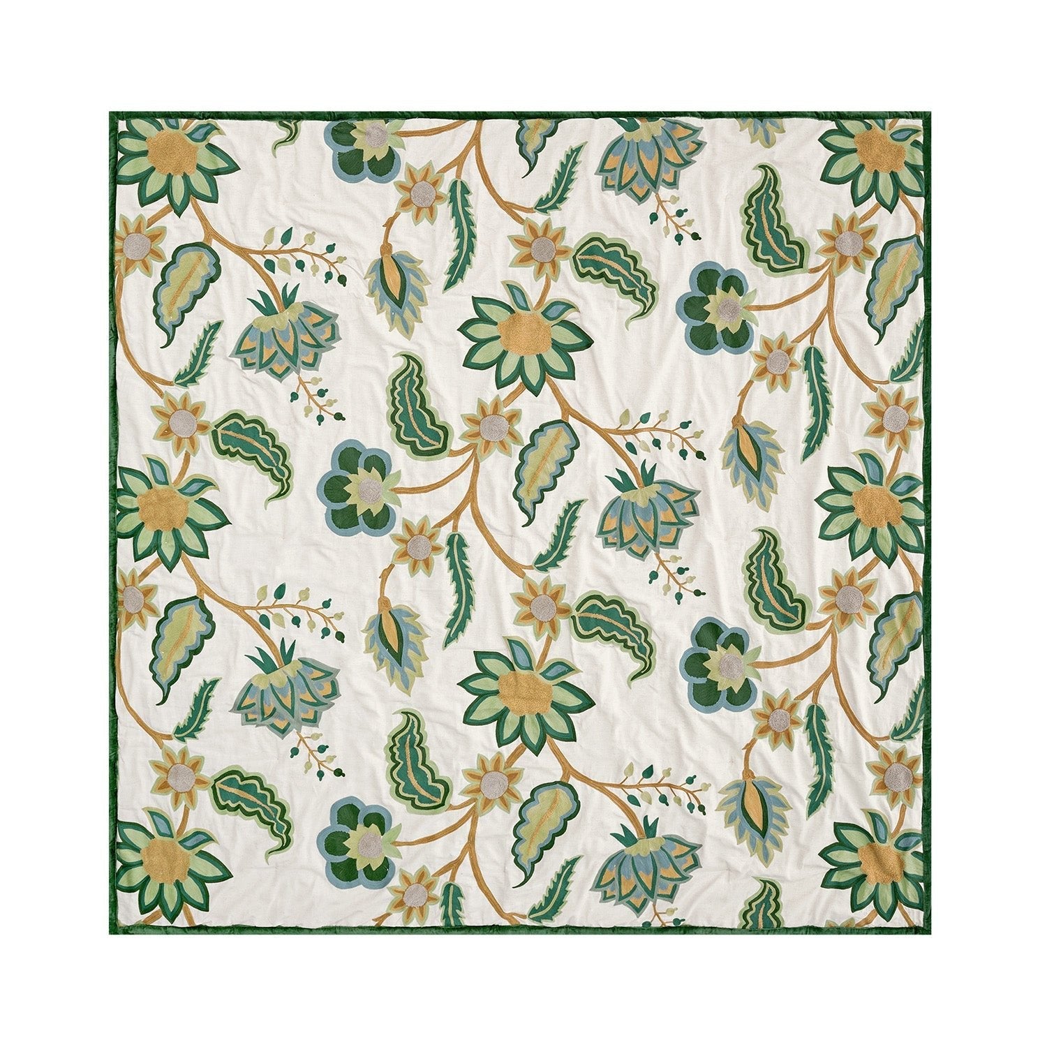 Flora & Fauna Jacobean Floral Embroidered Quilted Cotton Bedspread