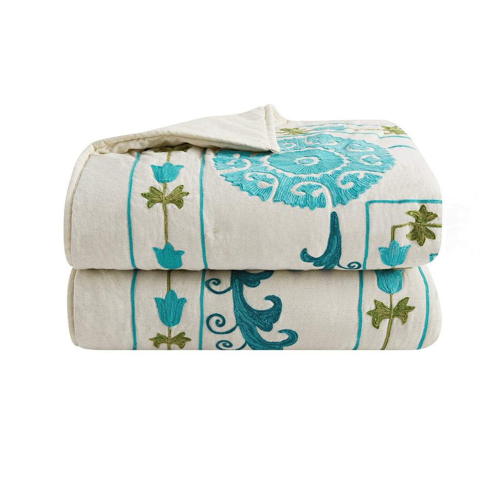 Indra Suzani Cyan Floral Embroidered Quilted Cotton Bedspread