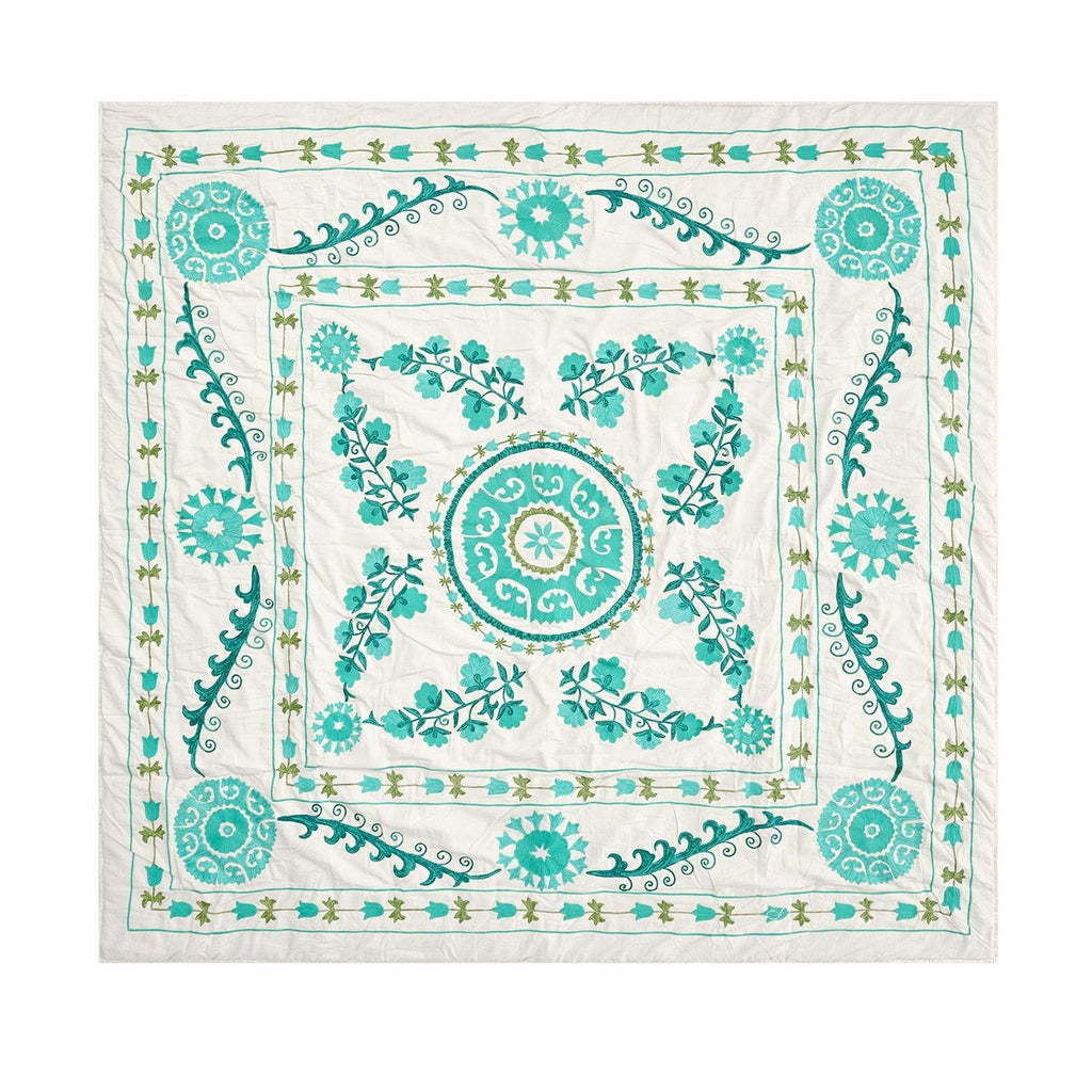 Indra Suzani Cyan Floral Embroidered Quilted Cotton Bedspread