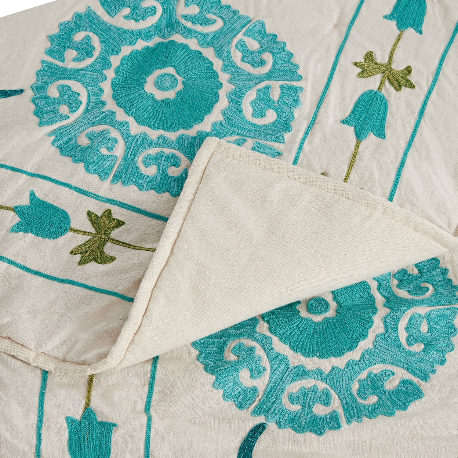 Indra Suzani Cyan Floral Embroidered Quilted Cotton Bedspread