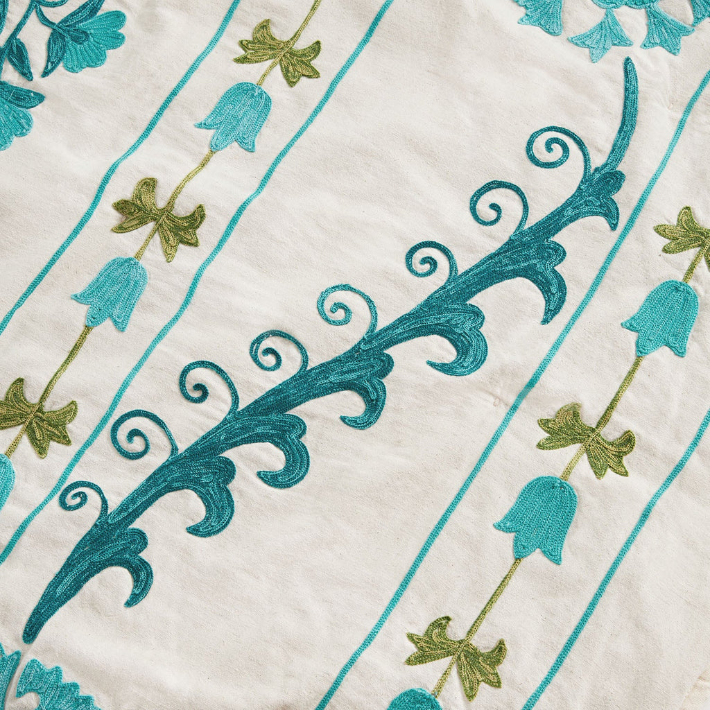 Indra Suzani Cyan Floral Embroidered Quilted Cotton Bedspread