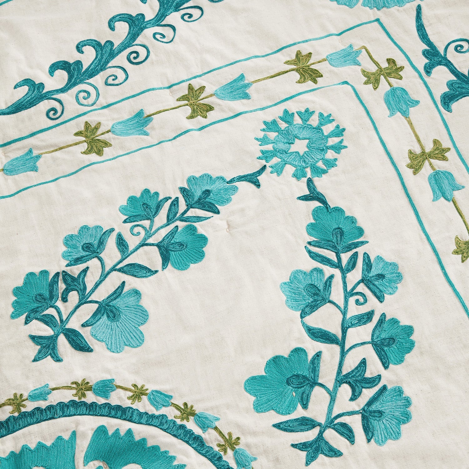 Indra Suzani Cyan Floral Embroidered Quilted Cotton Bedspread