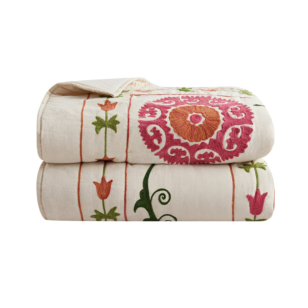 Indra Suzani Pink Floral Embroidered Quilted Cotton Bedspread