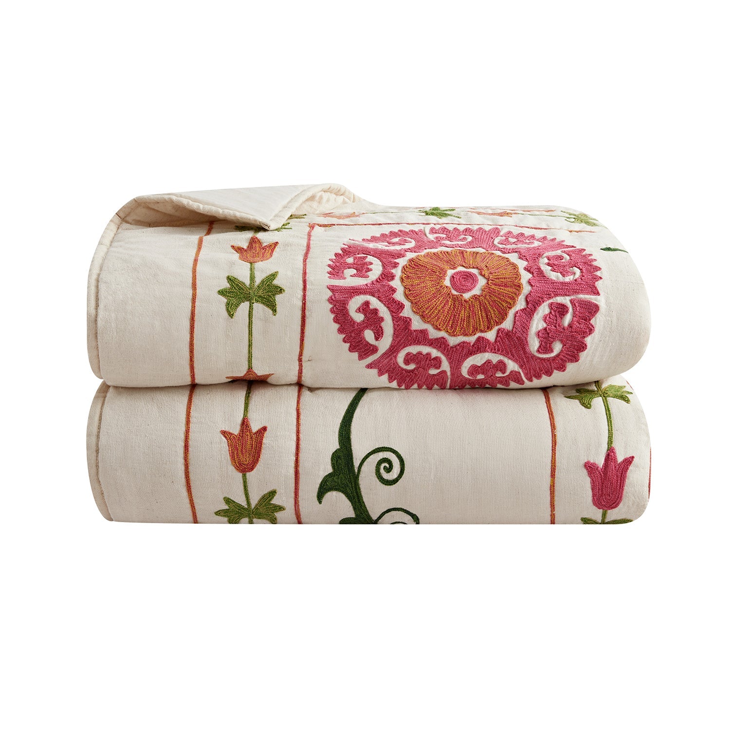 Indra Suzani Pink Floral Embroidered Quilted Cotton Bedspread