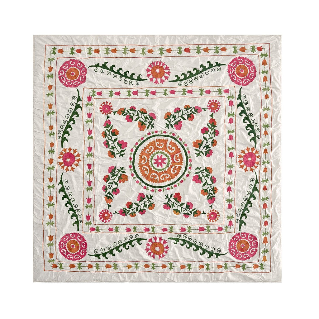 Indra Suzani Pink Floral Embroidered Quilted Cotton Bedspread