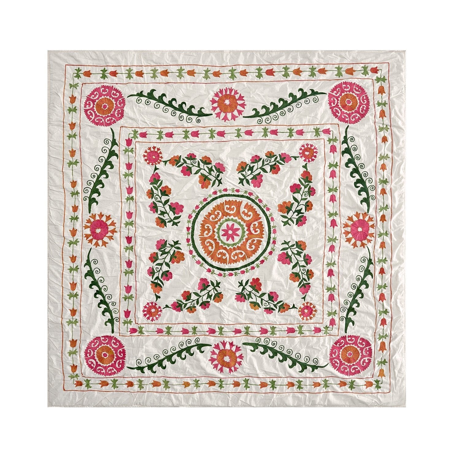 Indra Suzani Pink Floral Embroidered Quilted Cotton Bedspread