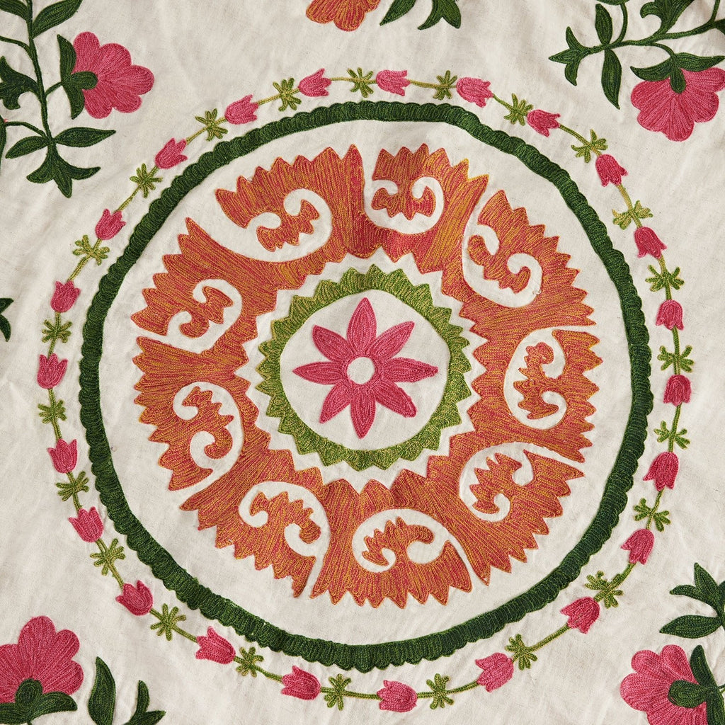 Indra Suzani Pink Floral Embroidered Quilted Cotton Bedspread