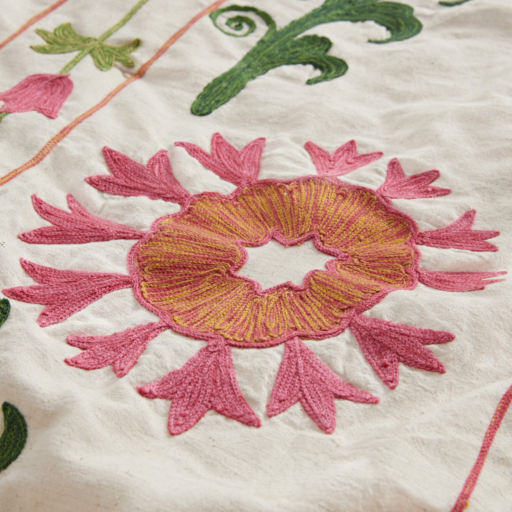 Indra Suzani Pink Floral Embroidered Quilted Cotton Bedspread