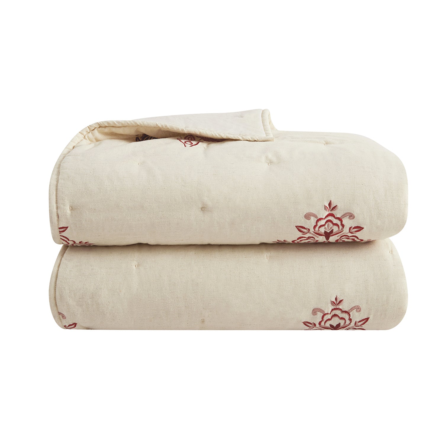 Isadora Garnet Red Damask Embroidered Quilted Linen Blend Bedspread