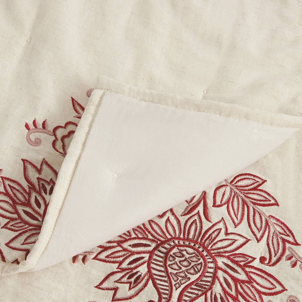 Isadora Garnet Red Damask Embroidered Quilted Linen Blend Bedspread