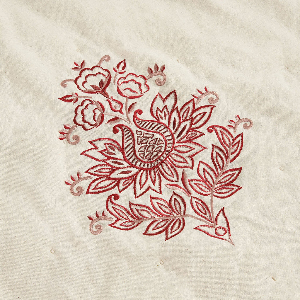 Isadora Garnet Red Damask Embroidered Quilted Linen Blend Bedspread