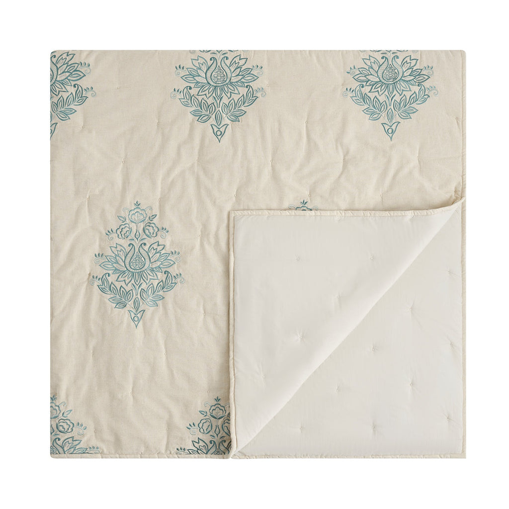 Isadora Teal Damask Embroidered Quilted Linen Blend Bedspread