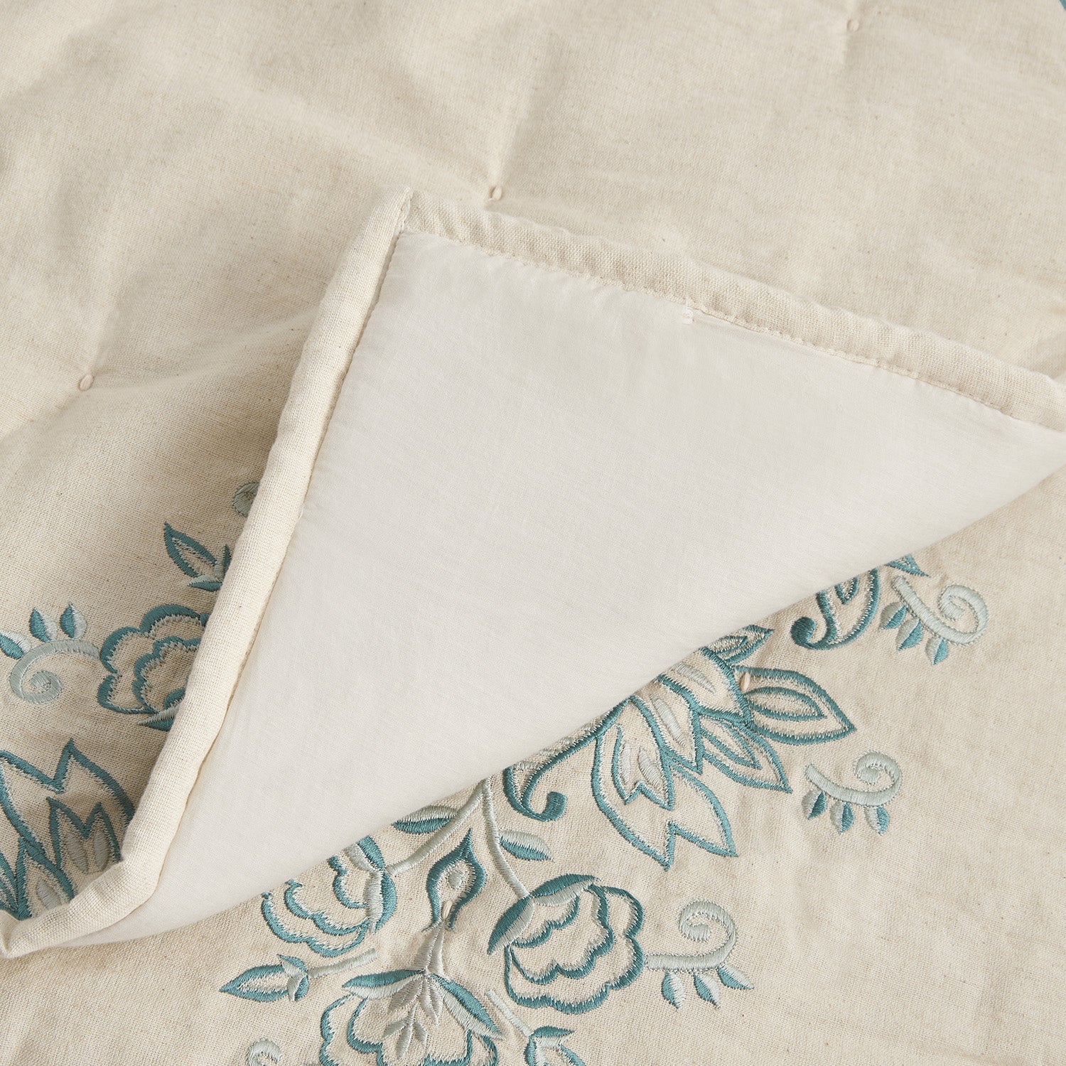 Isadora Teal Damask Embroidered Quilted Linen Blend Bedspread