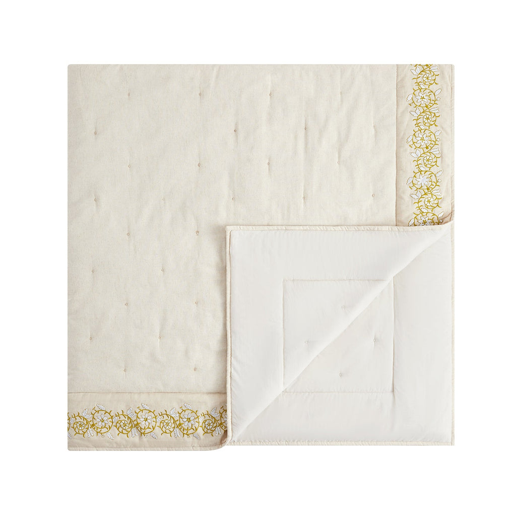 Jasmina Cream Floral Embroidered Quilted Linen Blend Bedspread