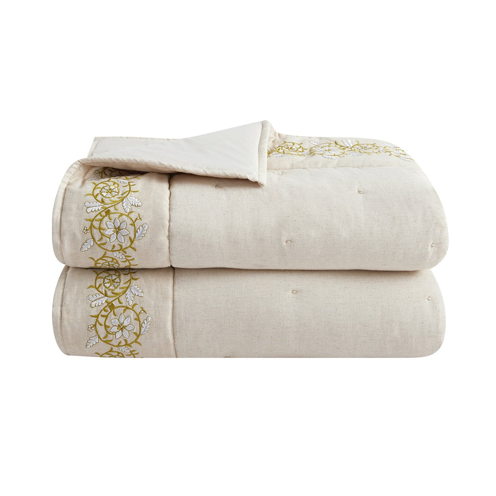 Jasmina Cream Floral Embroidered Quilted Linen Blend Bedspread