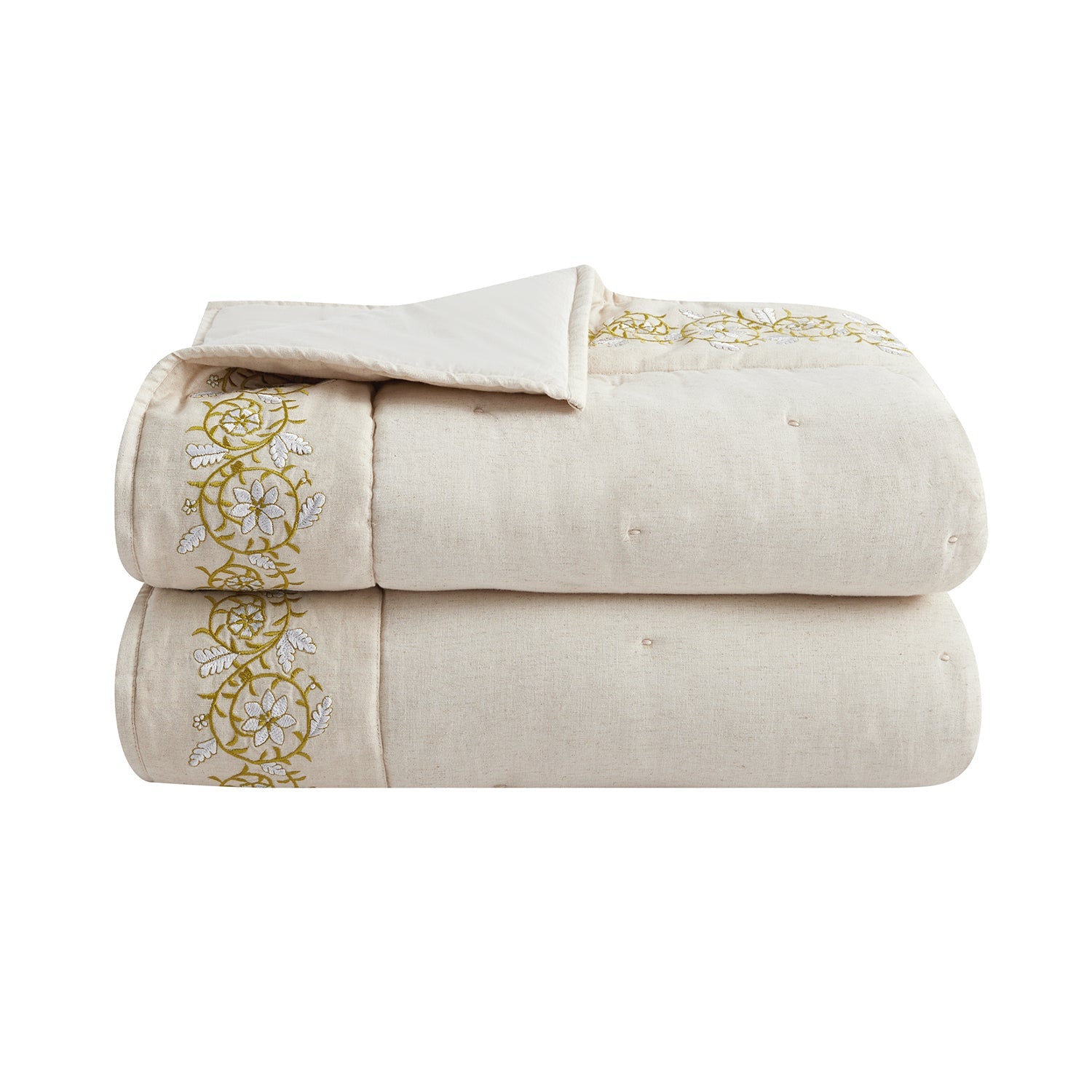 Jasmina Cream Floral Embroidered Quilted Linen Blend Bedspread