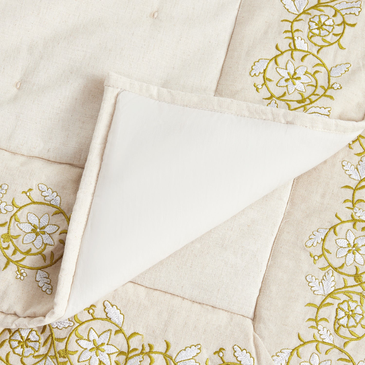 Jasmina Cream Floral Embroidered Quilted Linen Blend Bedspread