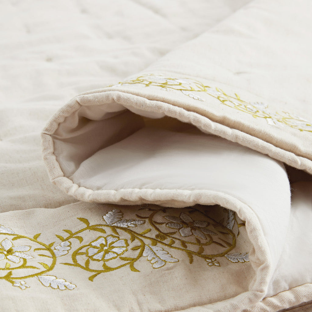 Jasmina Cream Floral Embroidered Quilted Linen Blend Bedspread