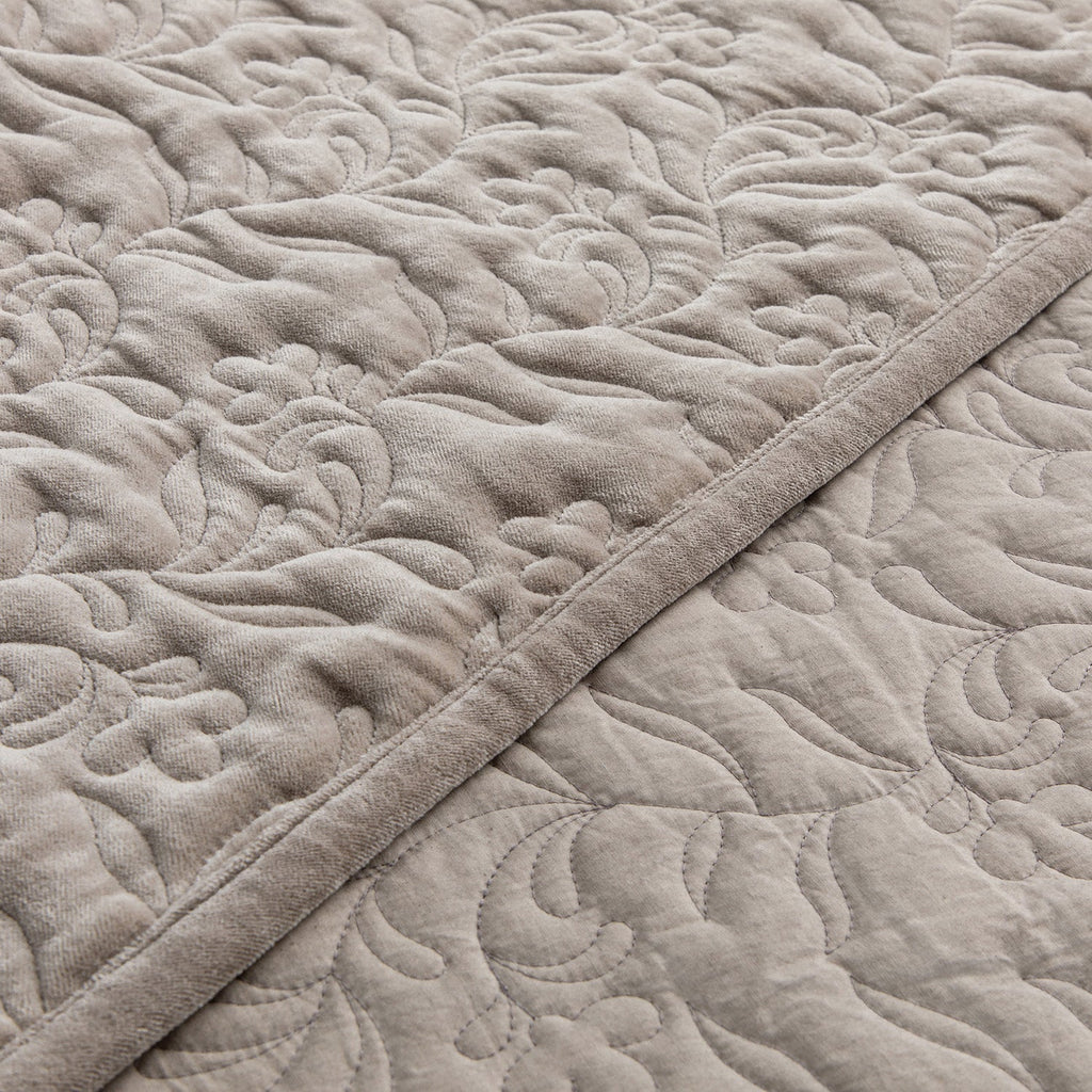 Maison Taupe Floral Quilted Cotton Velvet Bedspread