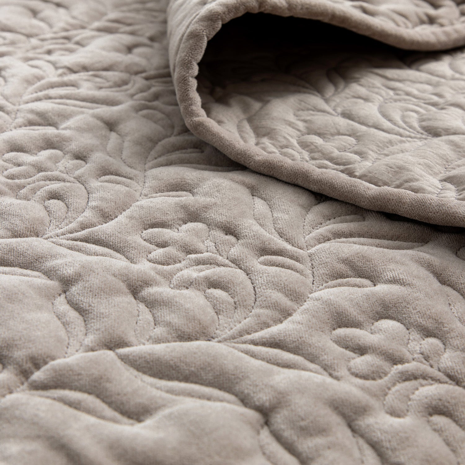 Maison Taupe Floral Quilted Cotton Velvet Bedspread
