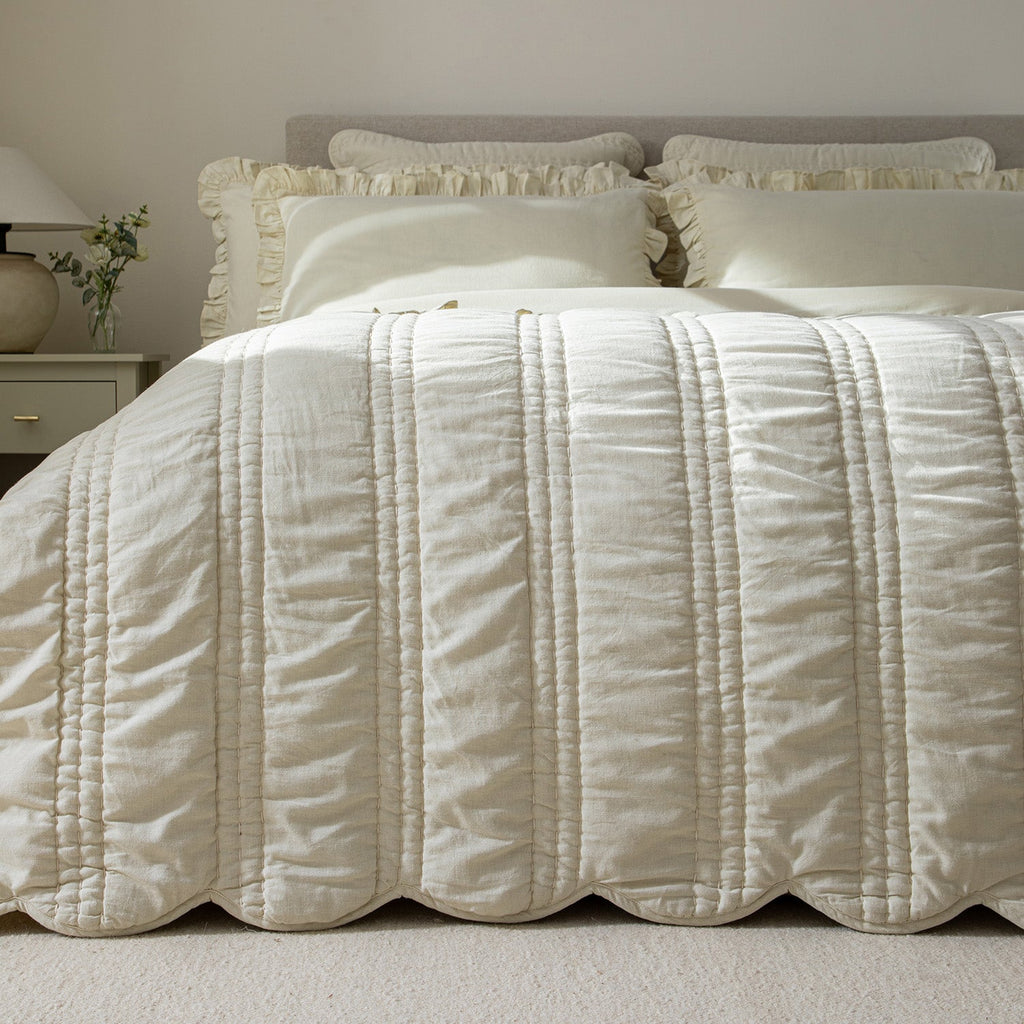 Matilda Cream Scallop Quilted Linen Blend Bedspread