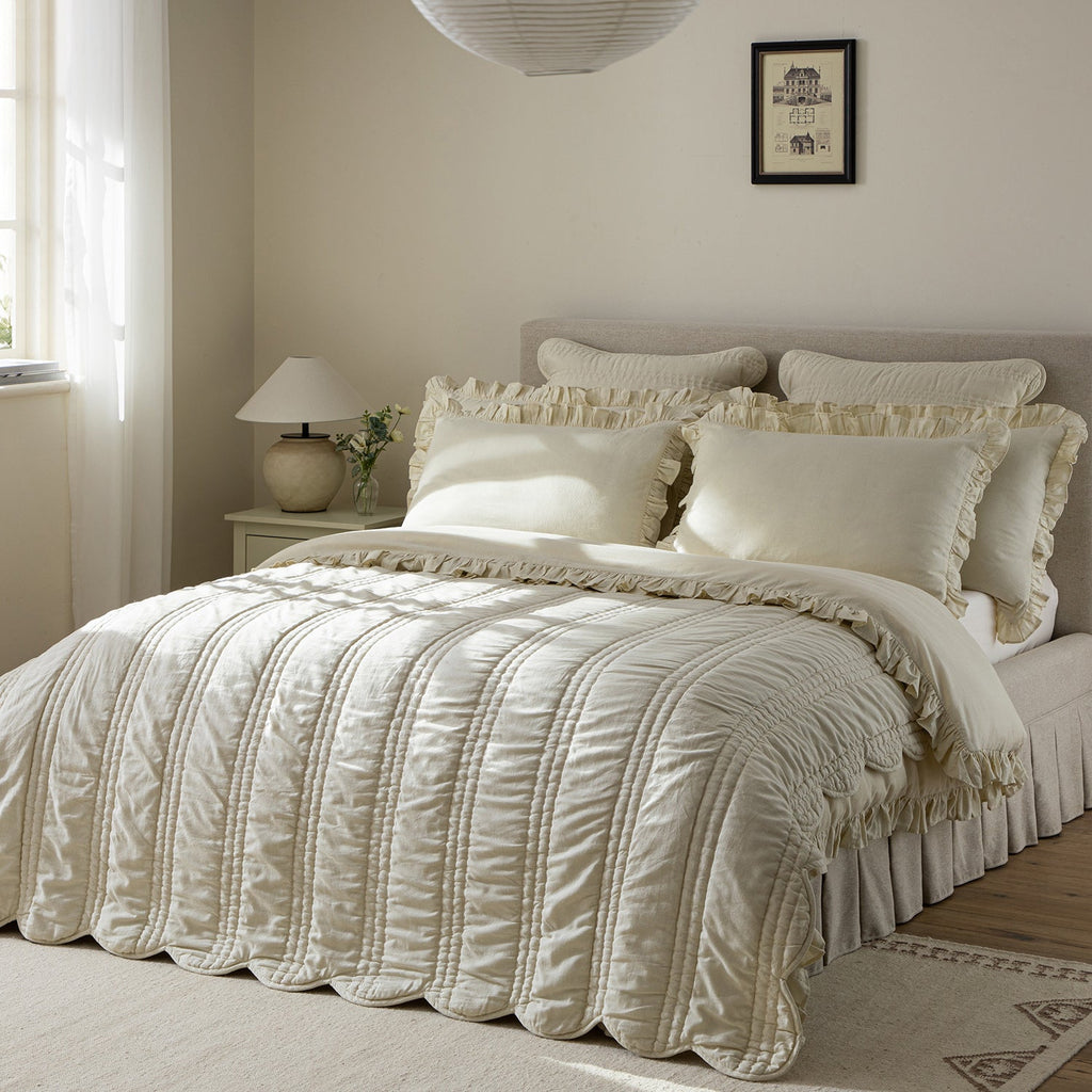 Matilda Cream Scallop Quilted Linen Blend Bedspread