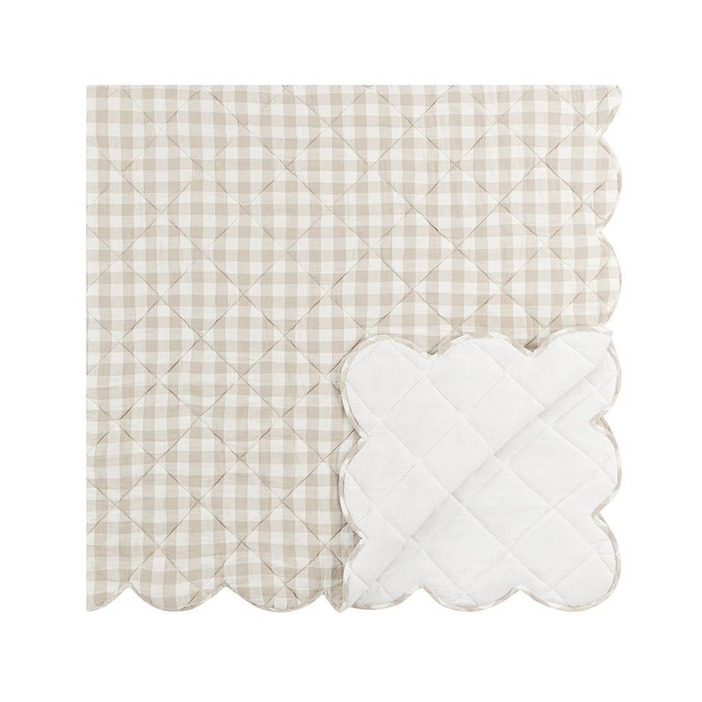 Matilda Beige Gingham Scallop Quilted Linen Blend Bedspread