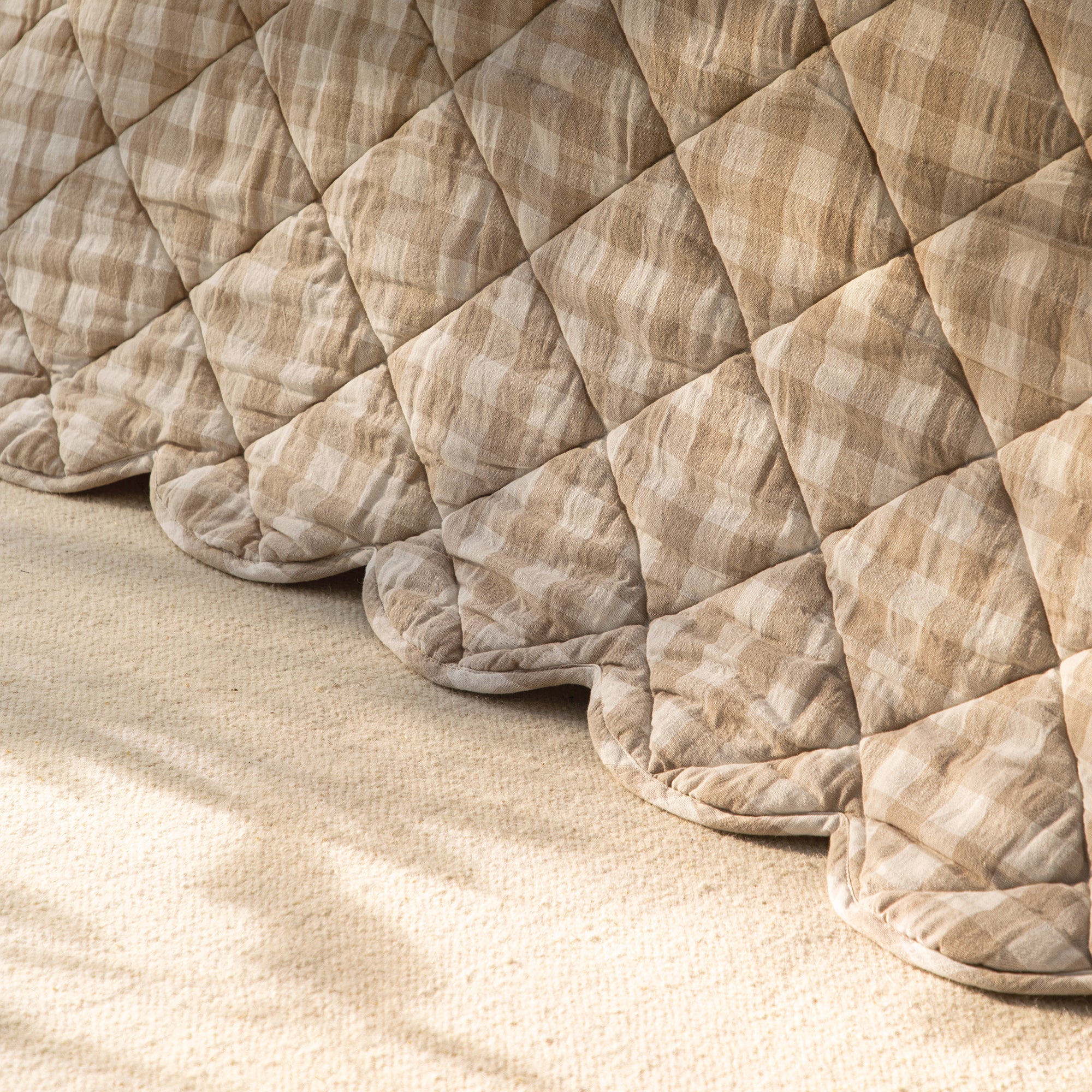 Matilda Beige Gingham Scallop Quilted Linen Blend Bedspread