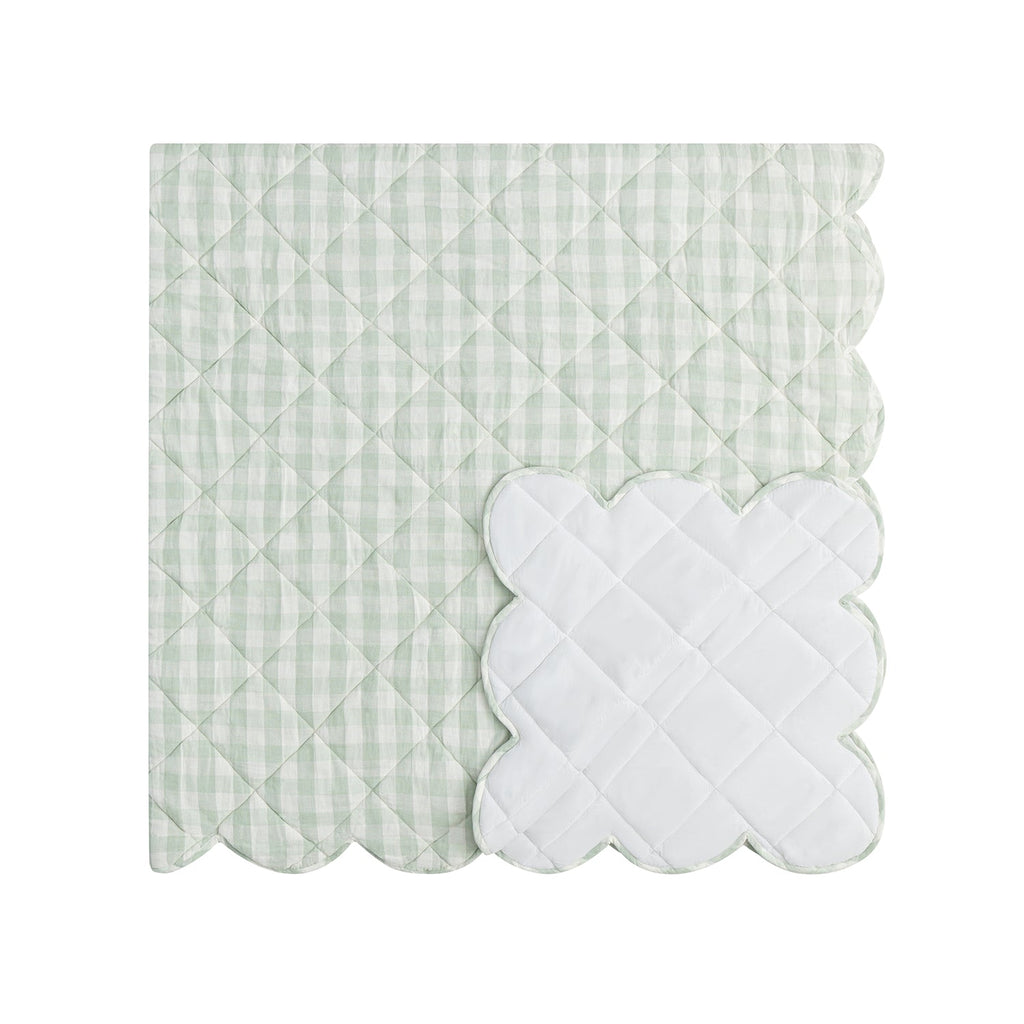 Matilda Sage Green Gingham Scallop Quilted Linen Blend Bedspread