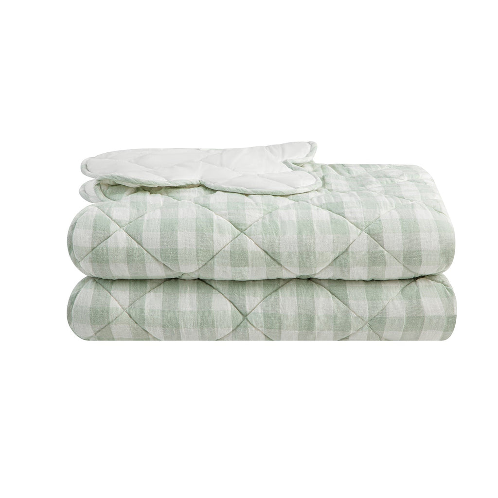 Matilda Sage Green Gingham Scallop Quilted Linen Blend Bedspread