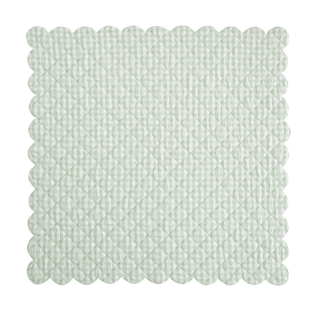 Matilda Sage Green Gingham Scallop Quilted Linen Blend Bedspread